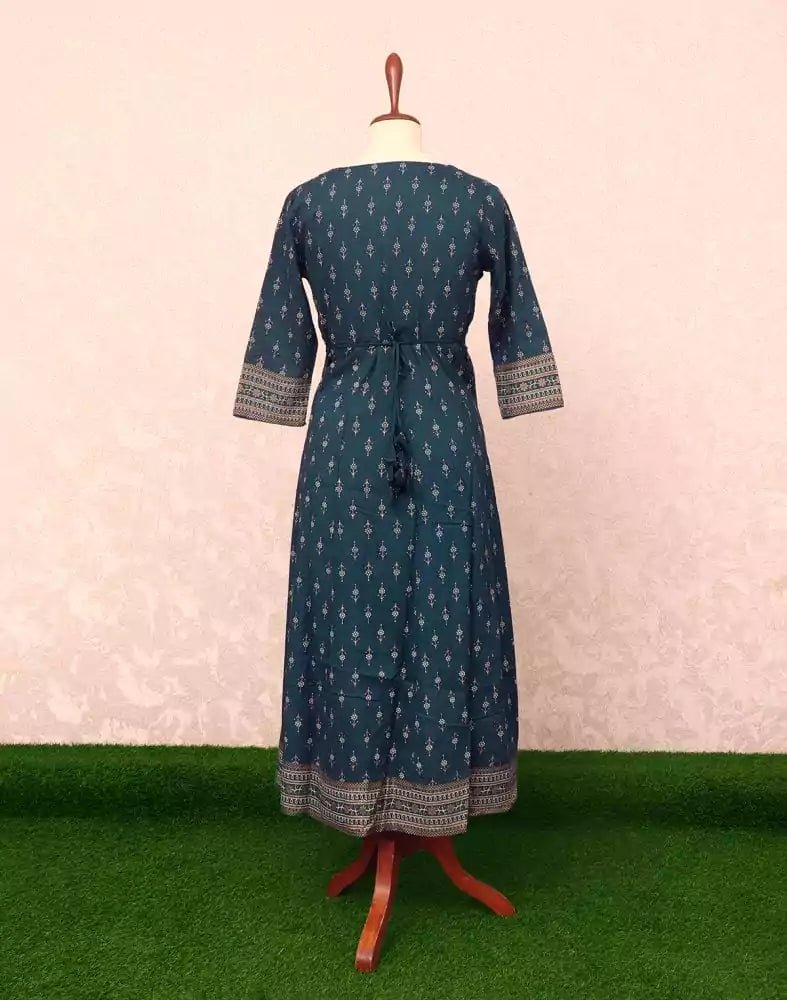 Image of Peacock Blue Floral Mirror work Cotton Silk Kurti - South India Shopping Mall