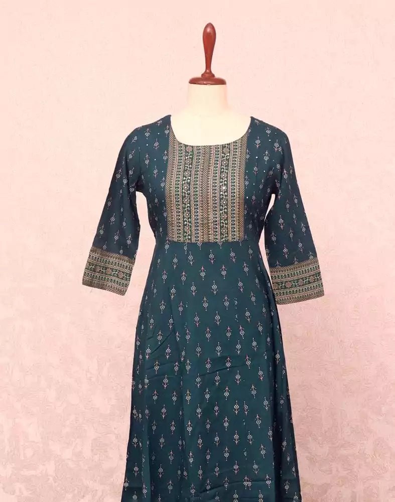 Image of Peacock Blue Floral Mirror work Cotton Silk Kurti - South India Shopping Mall