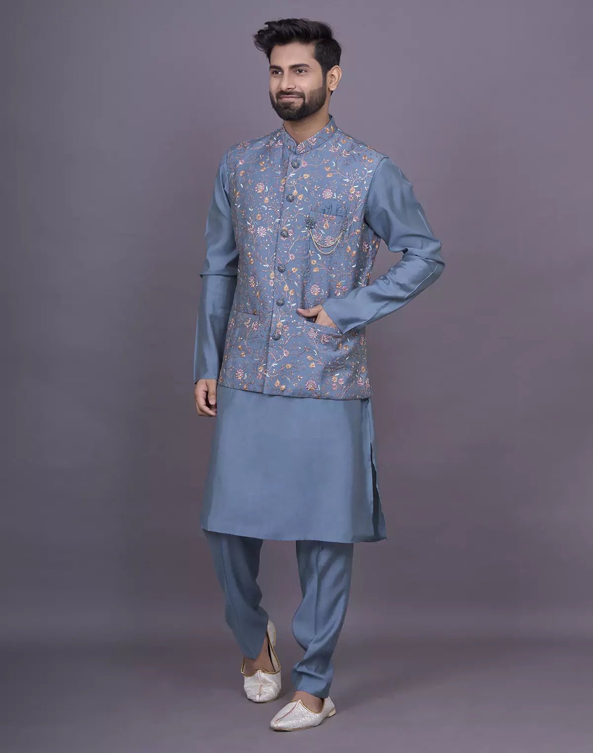 Image of Peacock Blue Floral Thread Embroidery work Soft Silk Kurta Jacket Set - South India Shopping Mall