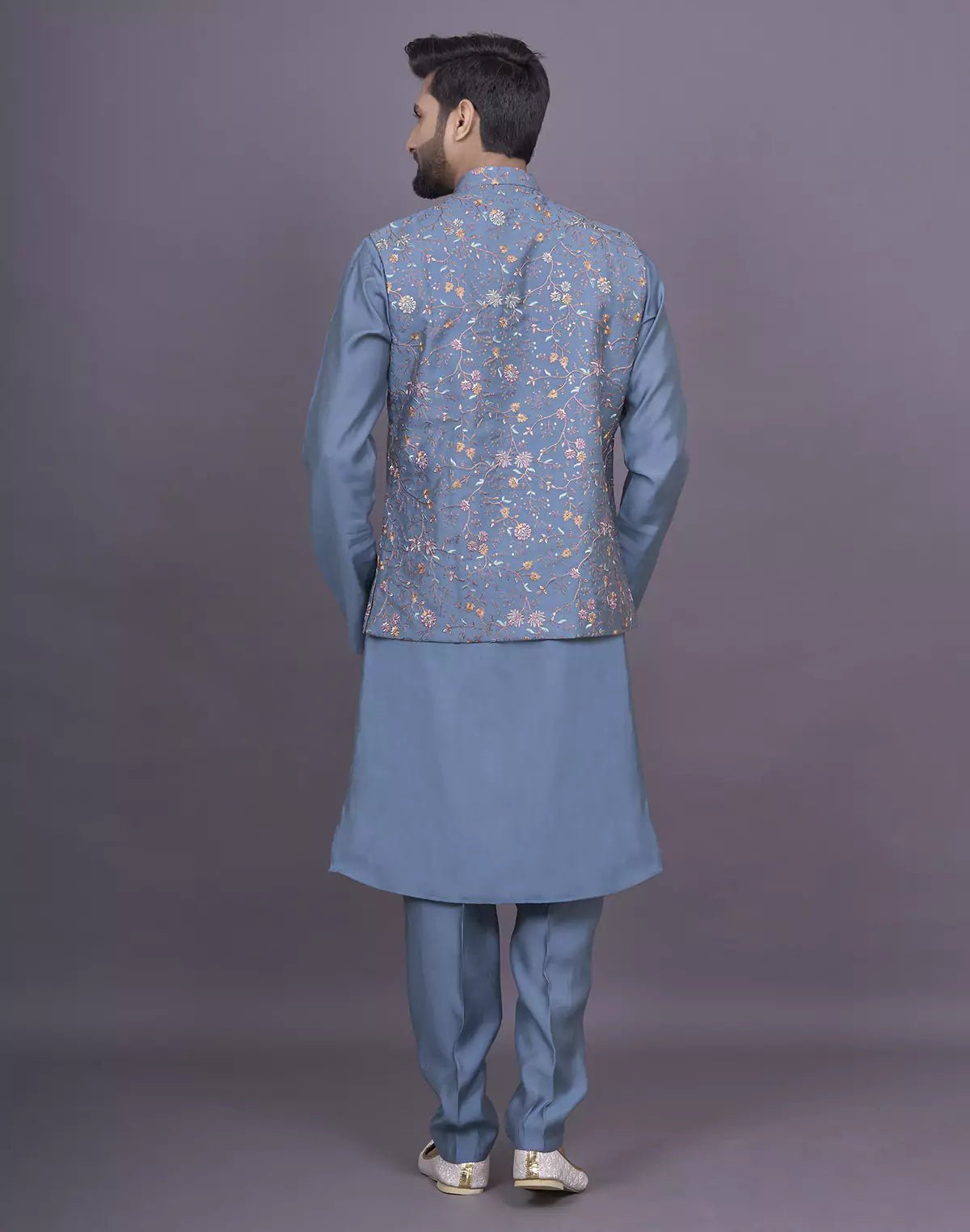 Image of Peacock Blue Floral Thread Embroidery work Soft Silk Kurta Jacket Set - South India Shopping Mall