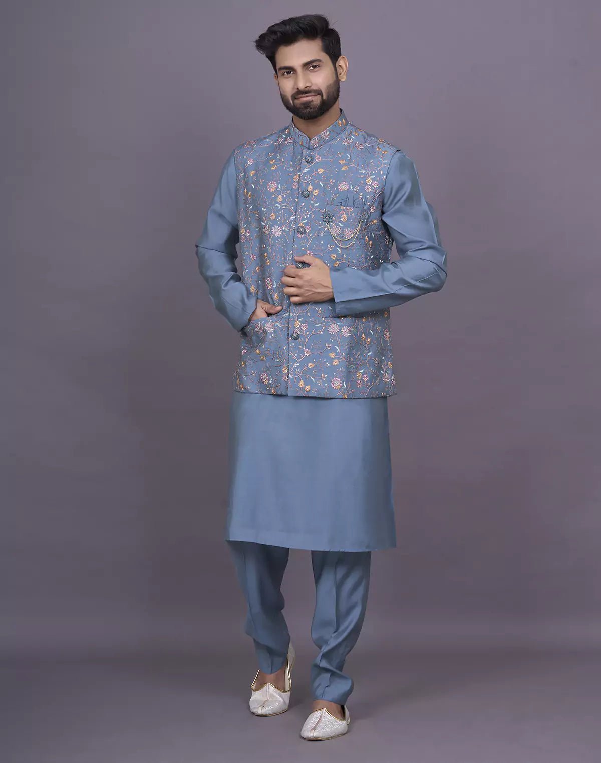 Image of Peacock Blue Floral Thread Embroidery work Soft Silk Kurta Jacket Set - South India Shopping Mall
