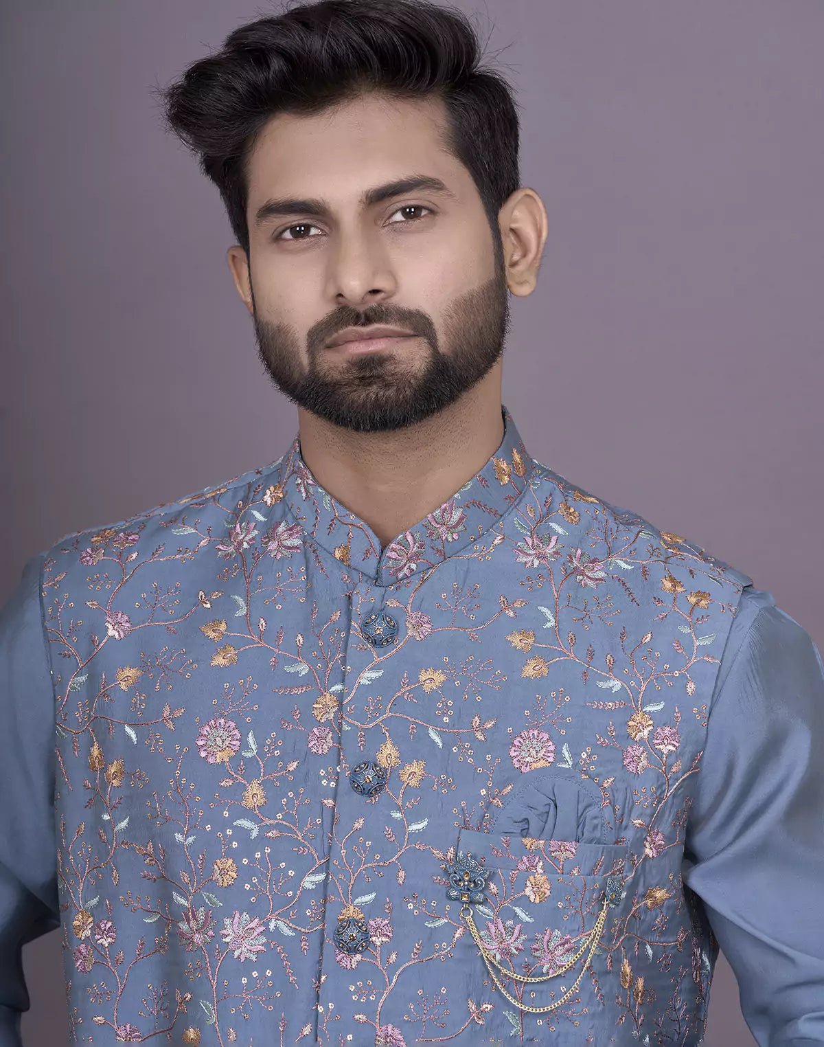 Image of Peacock Blue Floral Thread Embroidery work Soft Silk Kurta Jacket Set - South India Shopping Mall
