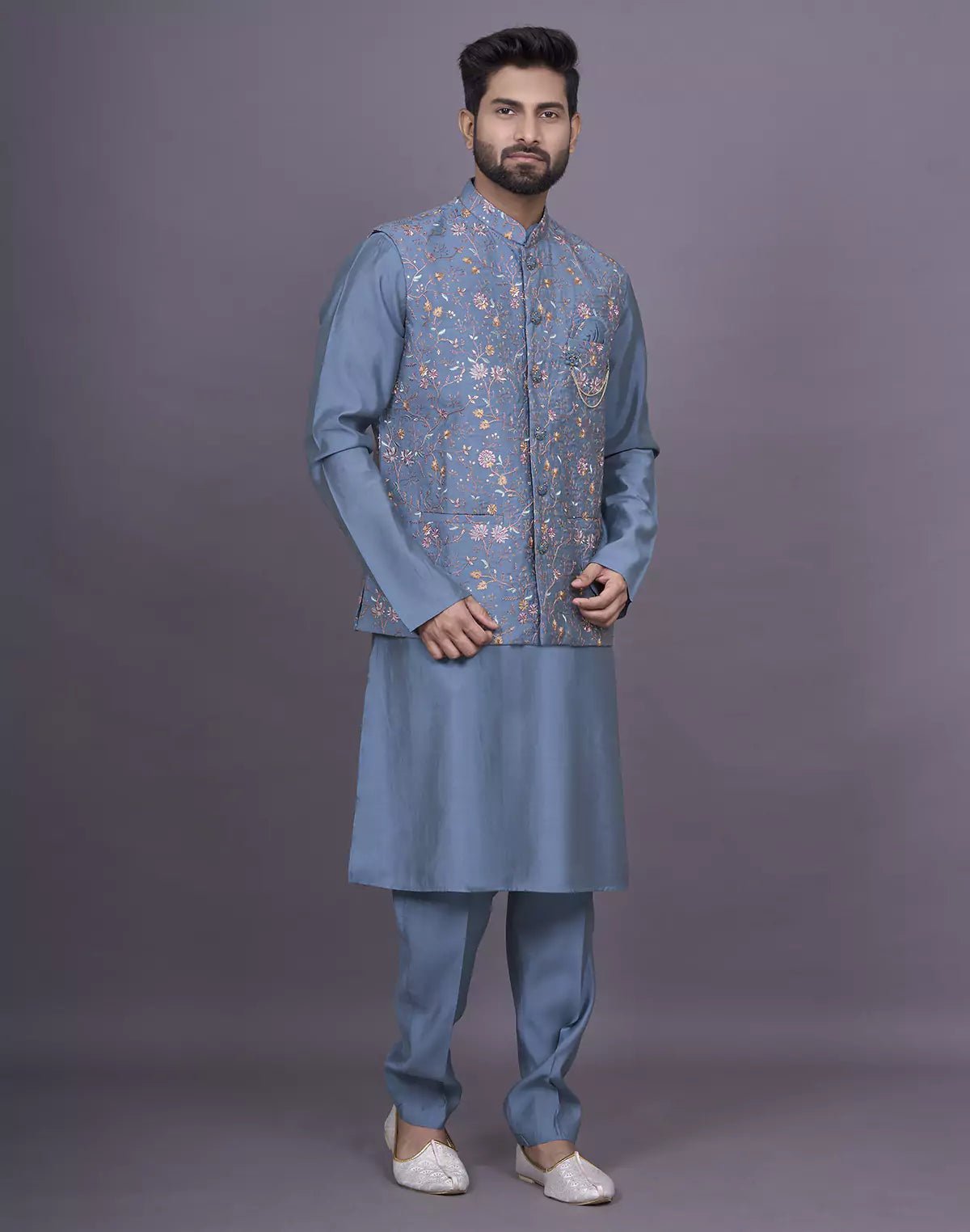 Image of Peacock Blue Floral Thread Embroidery work Soft Silk Kurta Jacket Set - South India Shopping Mall