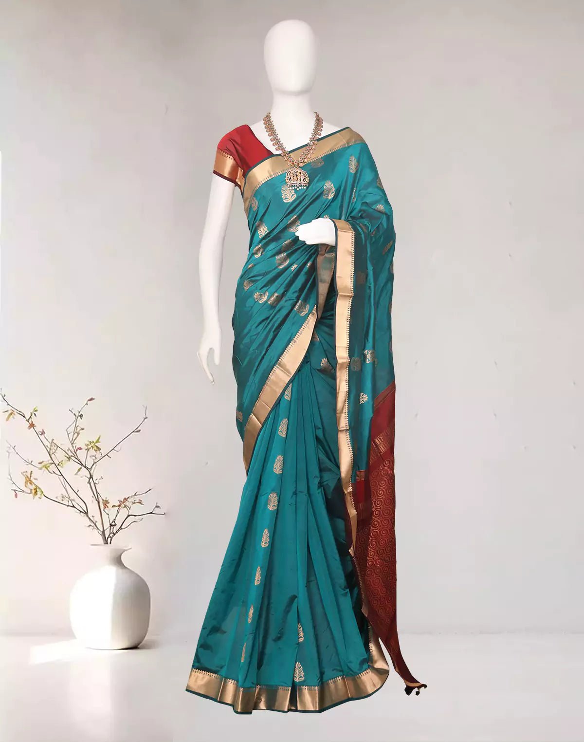 Image of Peacock Blue Floral Zari Motifs Kanchi Soft Silk Saree with Contrast Blouse - South India Shopping Mall
