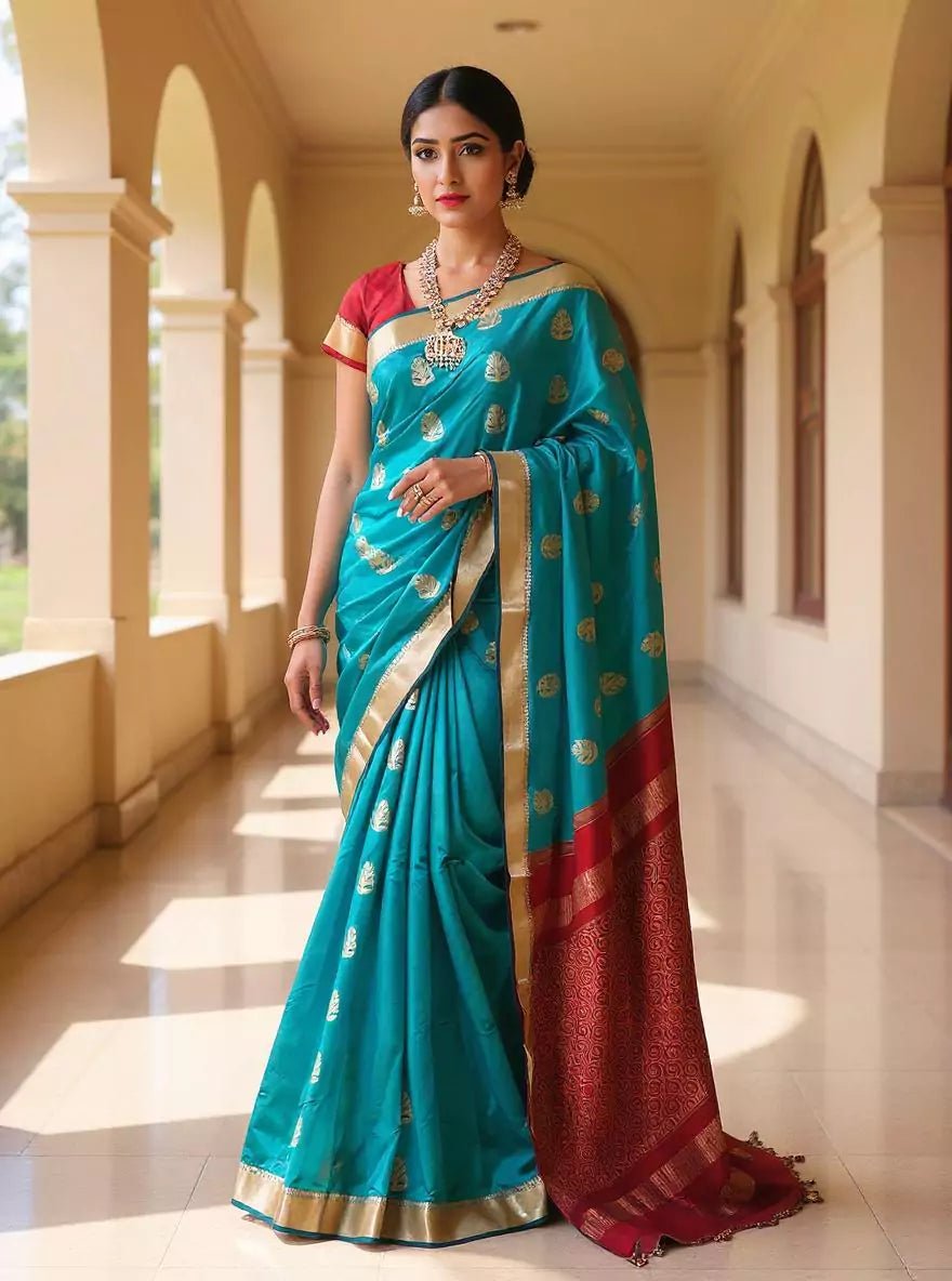 Image of Peacock Blue Floral Zari Motifs Kanchi Soft Silk Saree with Contrast Blouse - South India Shopping Mall
