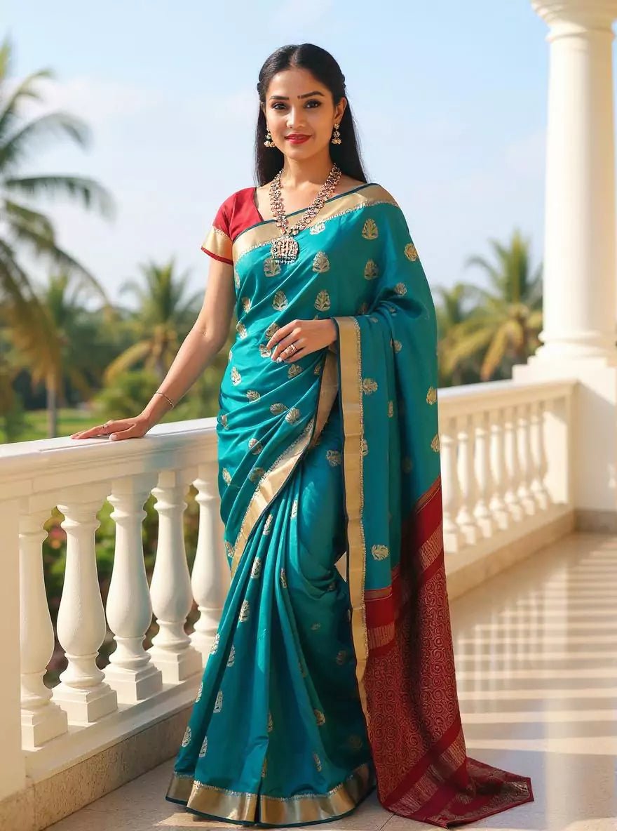 Image of Peacock Blue Floral Zari Motifs Kanchi Soft Silk Saree with Contrast Blouse - South India Shopping Mall
