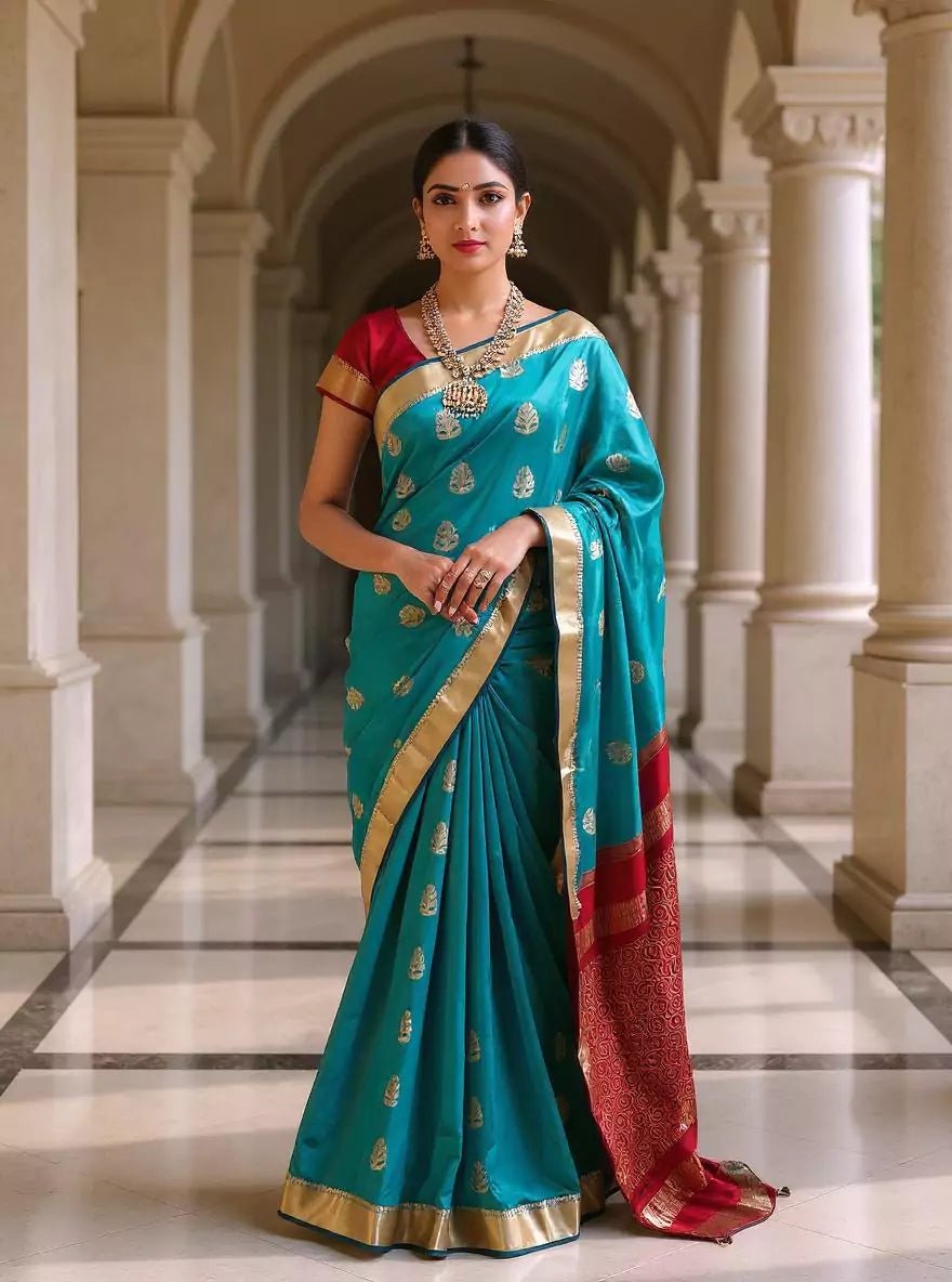 Image of Peacock Blue Floral Zari Motifs Kanchi Soft Silk Saree with Contrast Blouse - South India Shopping Mall
