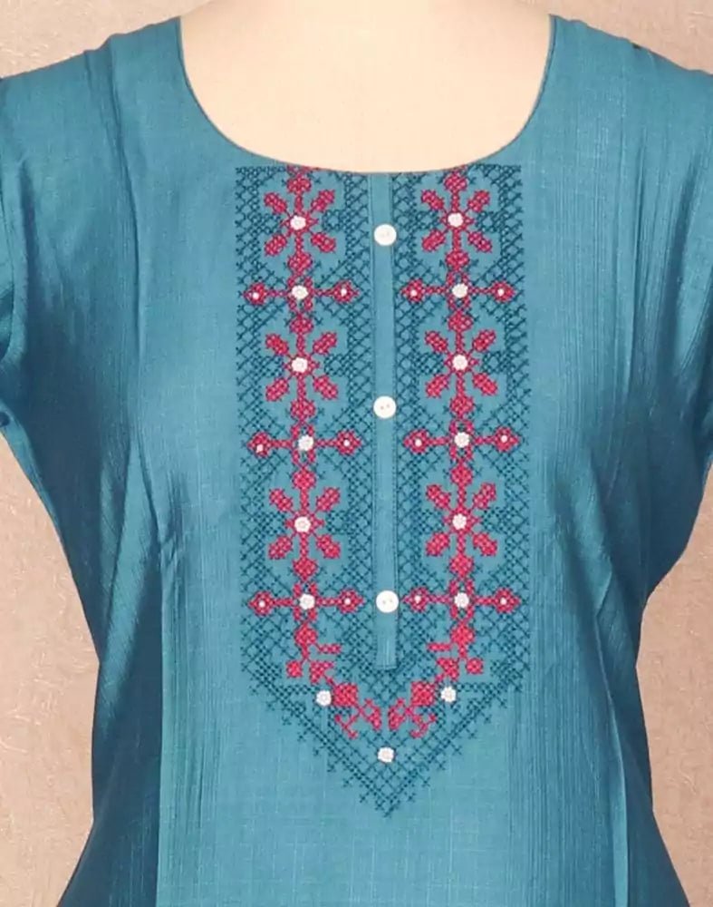Image of Peacock Blue Thread work Cotton Kurti - South India Shopping Mall
