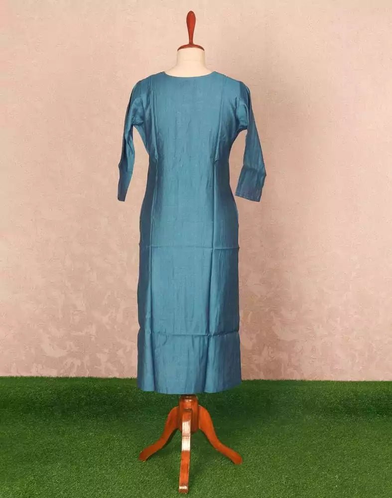Image of Peacock Blue Thread work Cotton Kurti - South India Shopping Mall