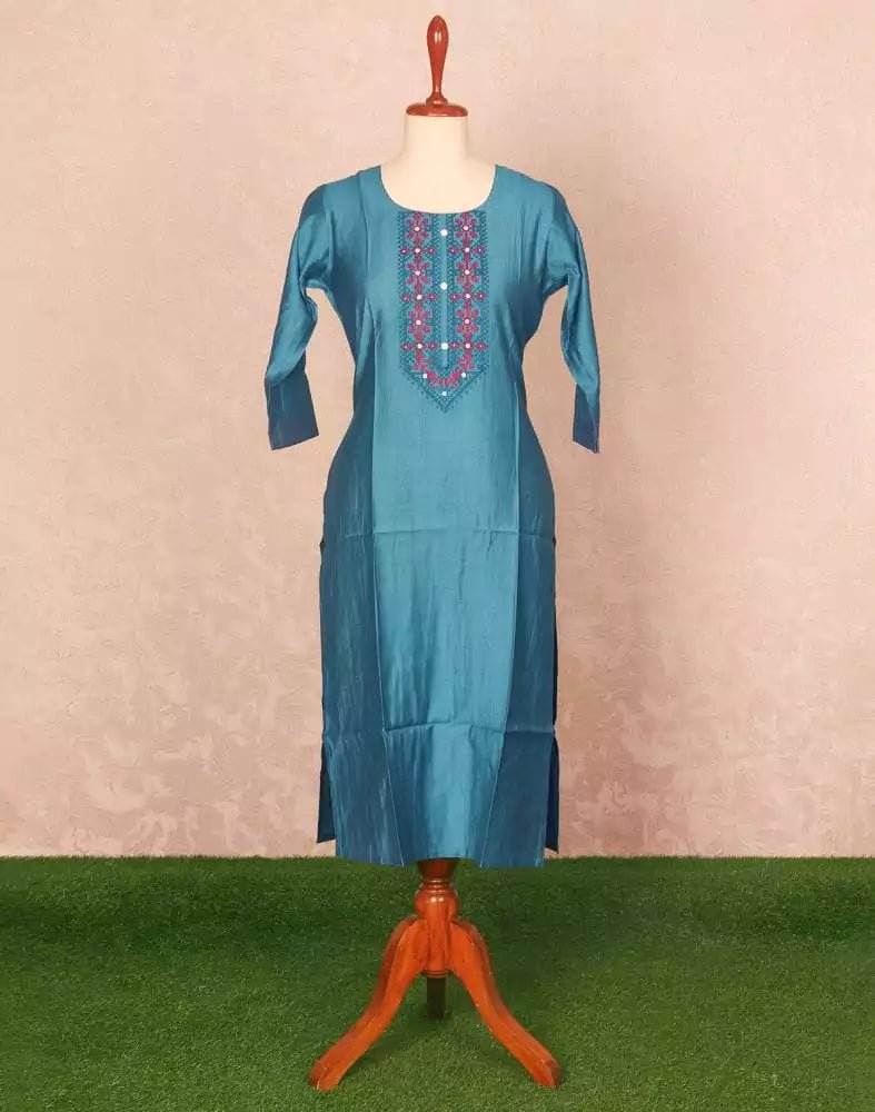 Image of Peacock Blue Thread work Cotton Kurti - South India Shopping Mall