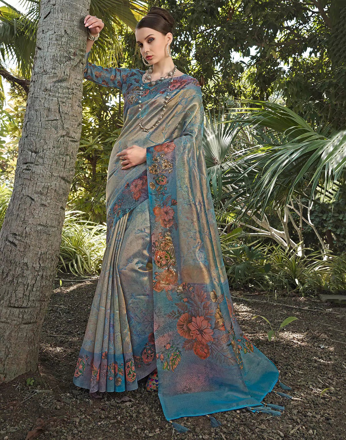 Peacock Blue Woven design Tissue Saree - South India Shopping Mall