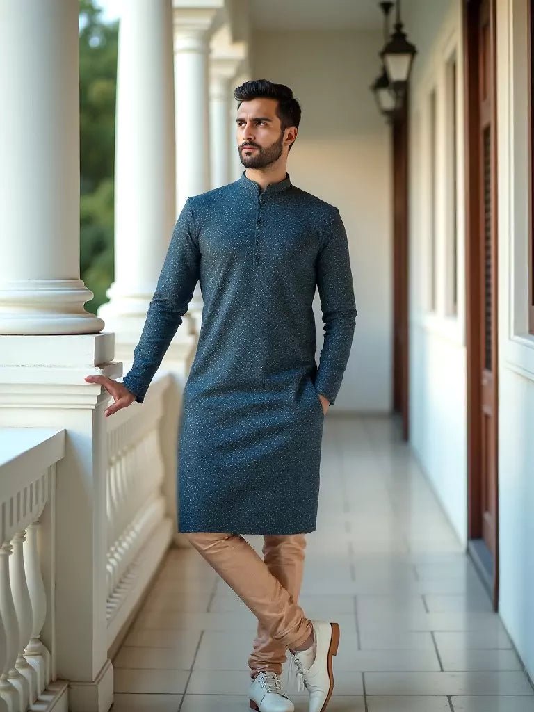 Image of Peacock Color Brocade Design Jacquard Kurta Set - South India Shopping Mall