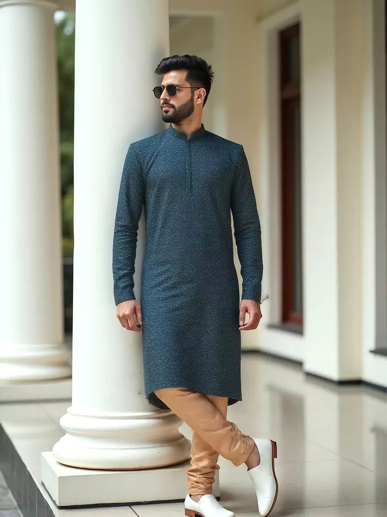 Image of Peacock Color Brocade Design Jacquard Kurta Set - South India Shopping Mall