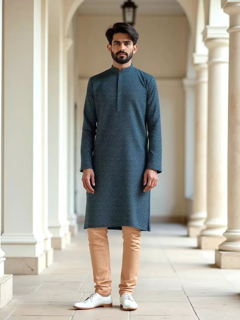 Image of Peacock Color Brocade Design Jacquard Kurta Set - South India Shopping Mall