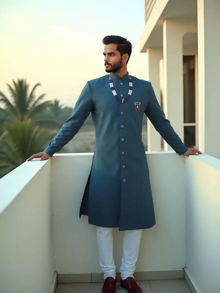 Image of Peacock Coloured Self Design Jacquard Semi - Indo Set - South India Shopping Mall