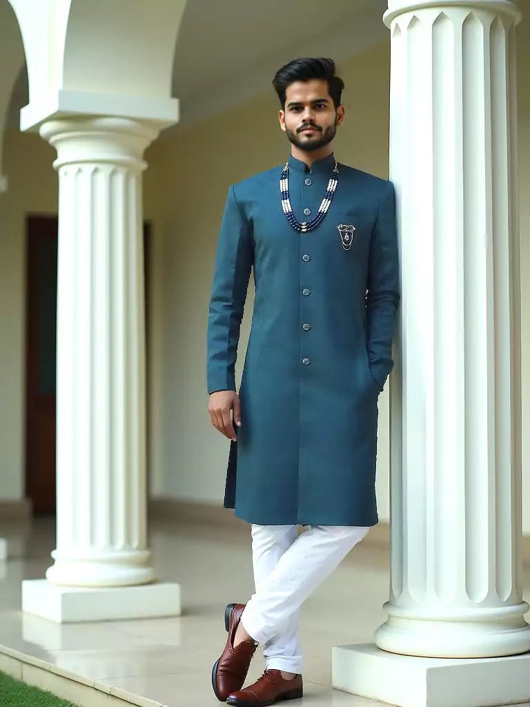 Image of Peacock Coloured Self Design Jacquard Semi - Indo Set - South India Shopping Mall