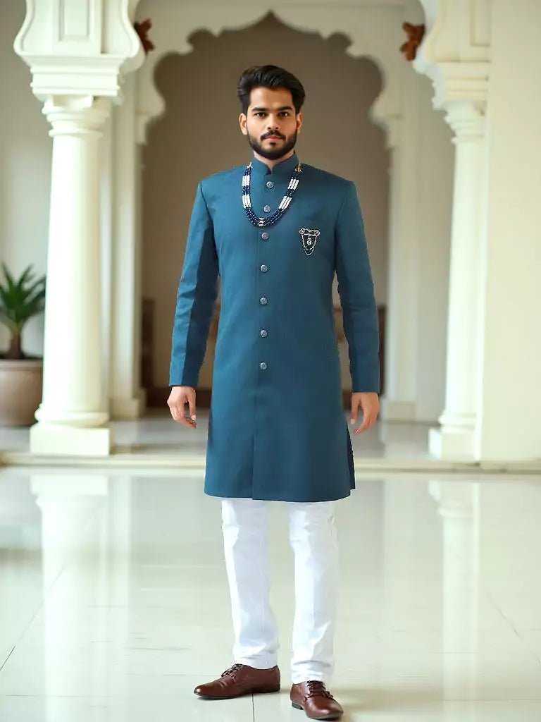 Image of Peacock Coloured Self Design Jacquard Semi - Indo Set - South India Shopping Mall