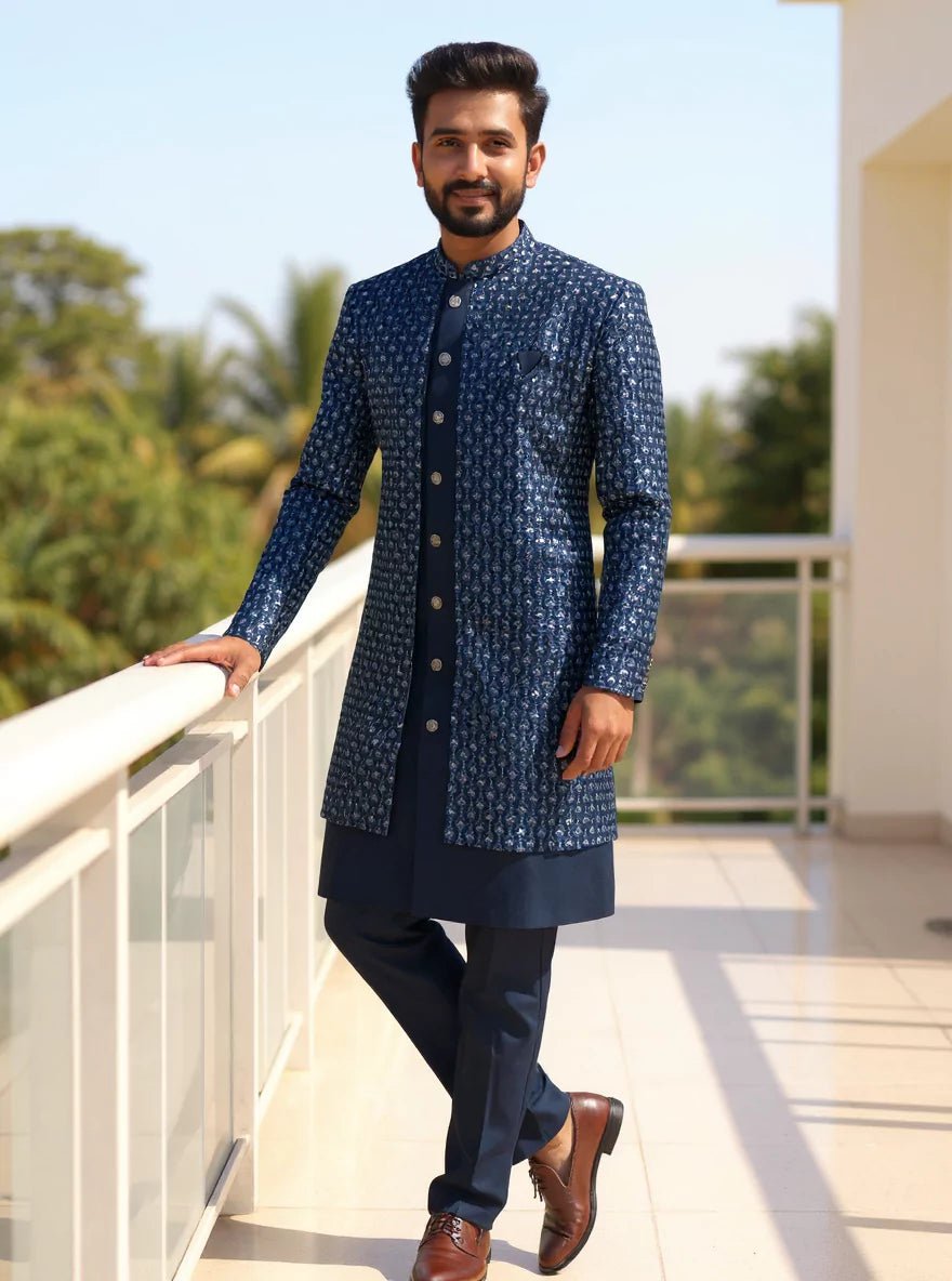 Image of Peacock Jacquard Floral Jacket Set with Thread Work - South India Shopping Mall