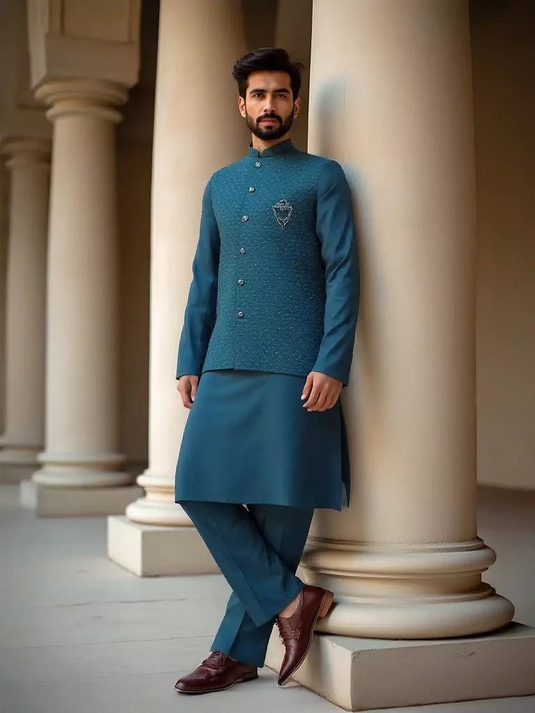 Image of Peacock Self Thread Embroidery Work Milky Silk Kurta Jacket Set - South India Shopping Mall