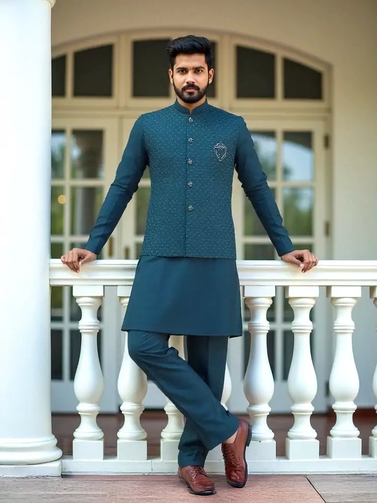 Image of Peacock Self Thread Embroidery Work Milky Silk Kurta Jacket Set - South India Shopping Mall