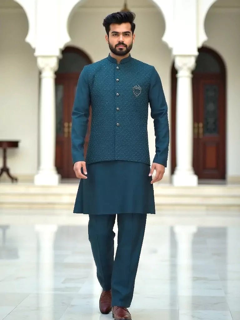 Image of Peacock Self Thread Embroidery Work Milky Silk Kurta Jacket Set - South India Shopping Mall