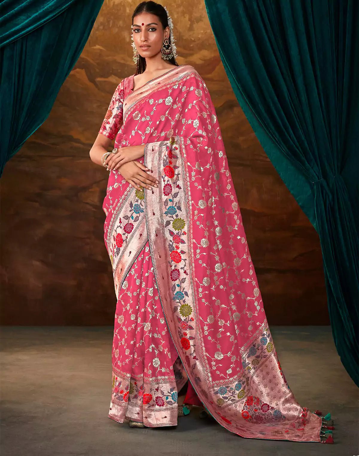 Image of Pink All Over Floral Design Paithani Banarasi Dola Silk Saree - South India Shopping Mall
