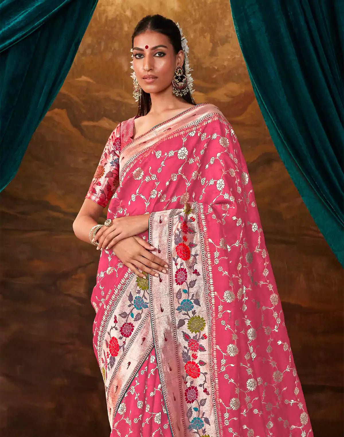 Pink All Over Floral Design Paithani Banarasi Dola Silk Saree - South India Shopping Mall