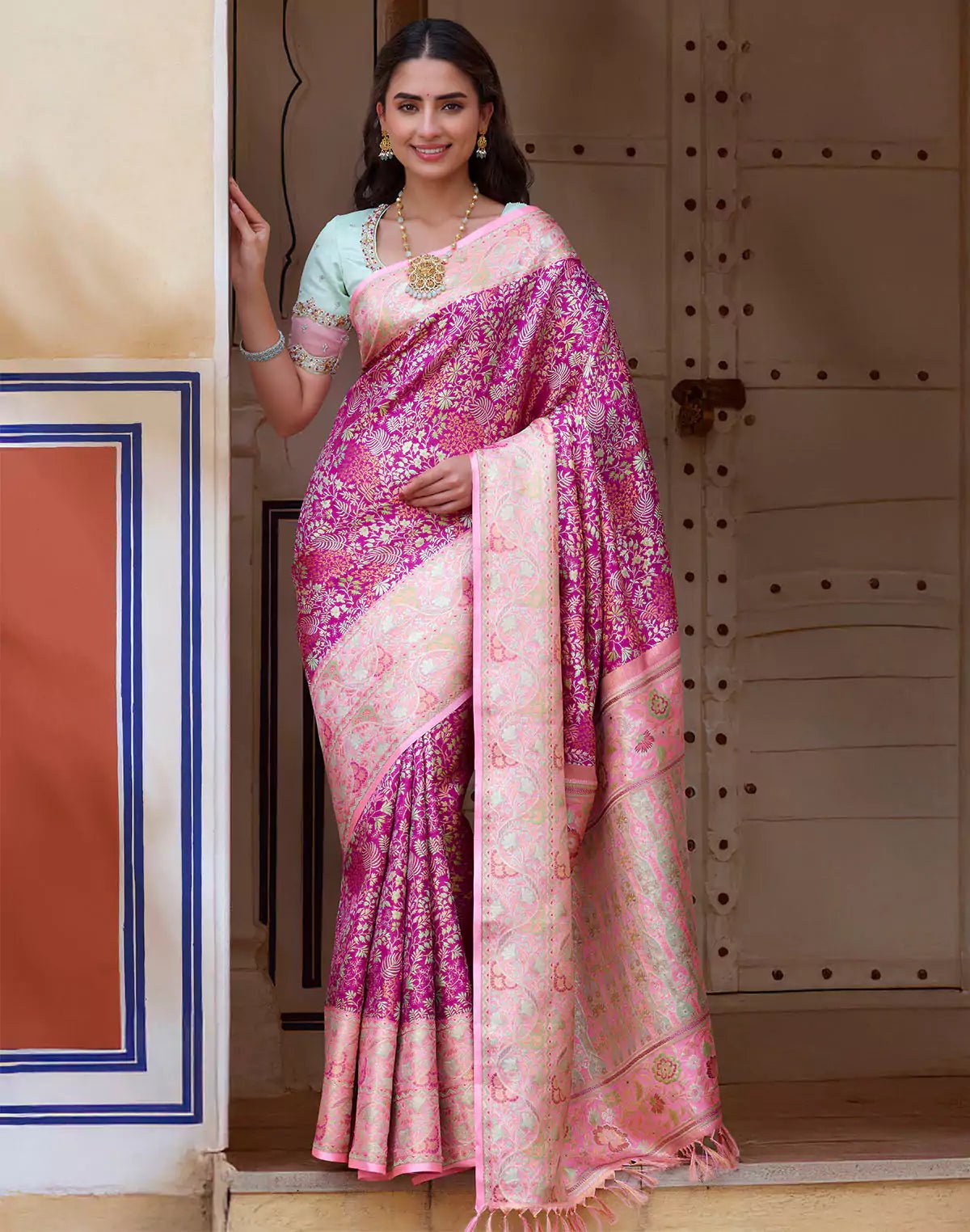Image of Pink All Over Floral Design Pure Silk Saree With Contrast Blouse - South India Shopping Mall