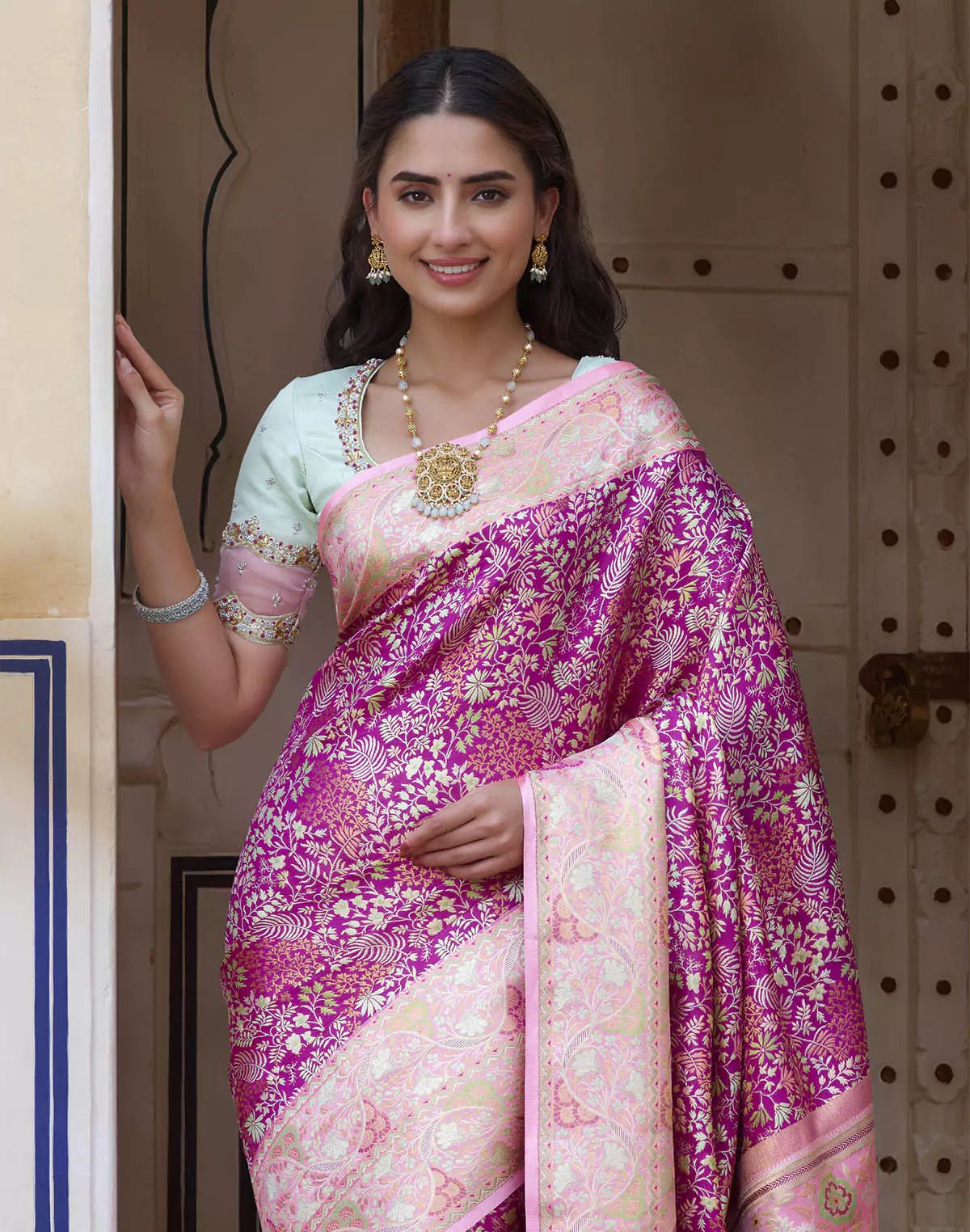 Pink All Over Floral Design Pure Silk Saree With Contrast Blouse - South India Shopping Mall