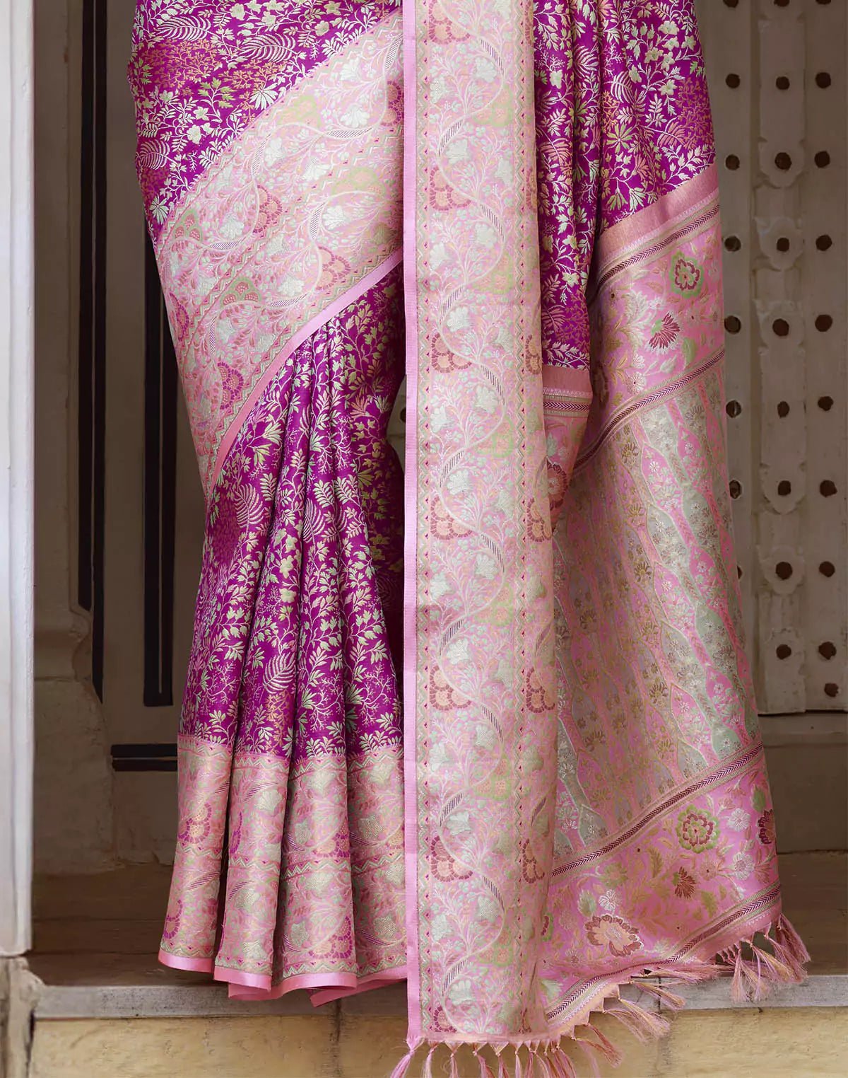 Image of Pink All Over Floral Design Pure Silk Saree With Contrast Blouse - South India Shopping Mall