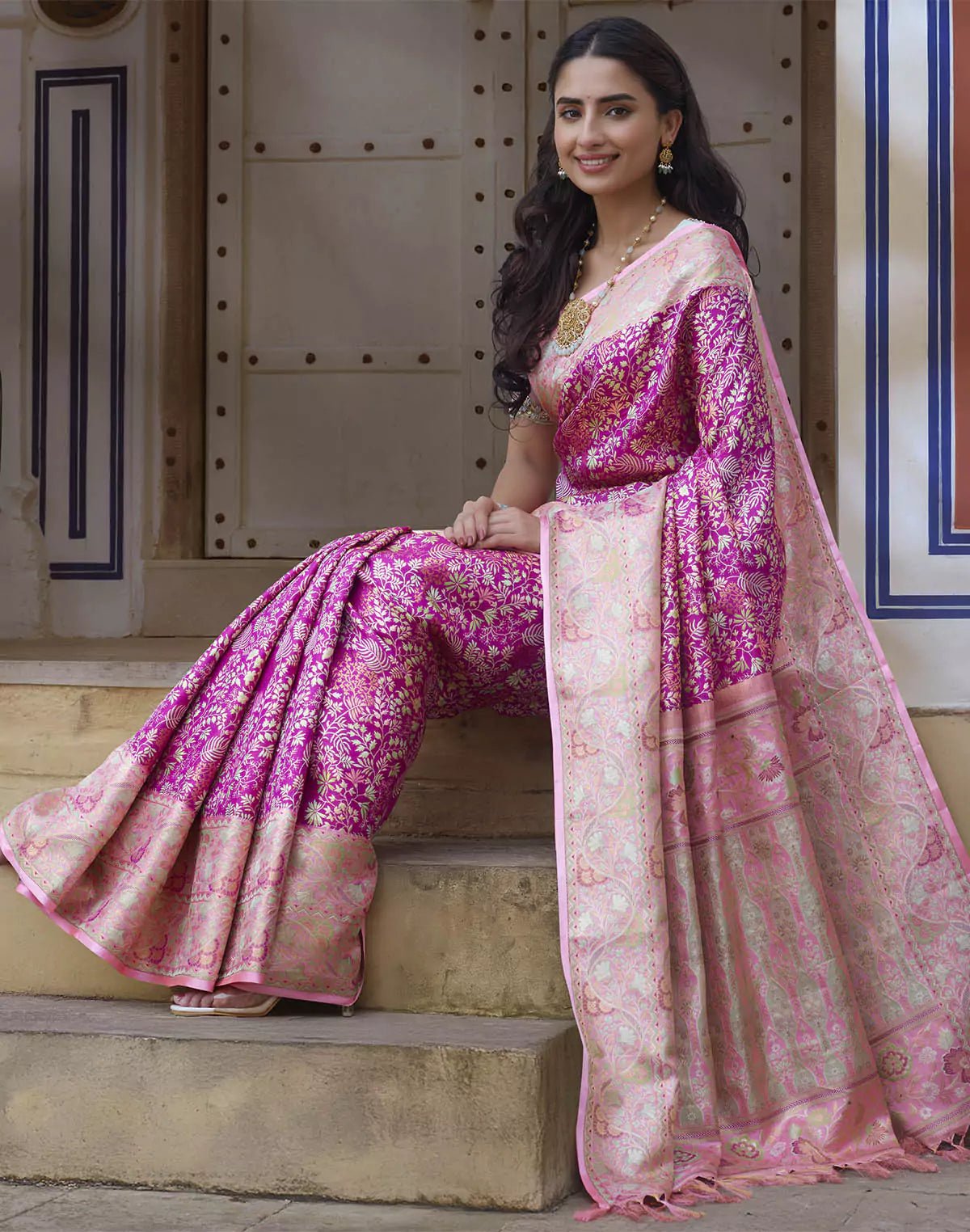 Pink All Over Floral Design Pure Silk Saree With Contrast Blouse - South India Shopping Mall