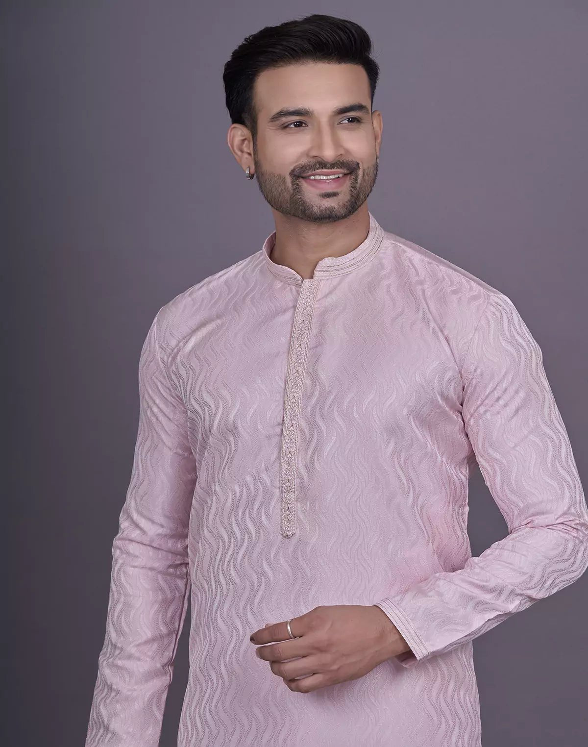 Image of Pink All Over Self Highlighted Thread work Jacquard Kurta Pyjama Set - South India Shopping Mall