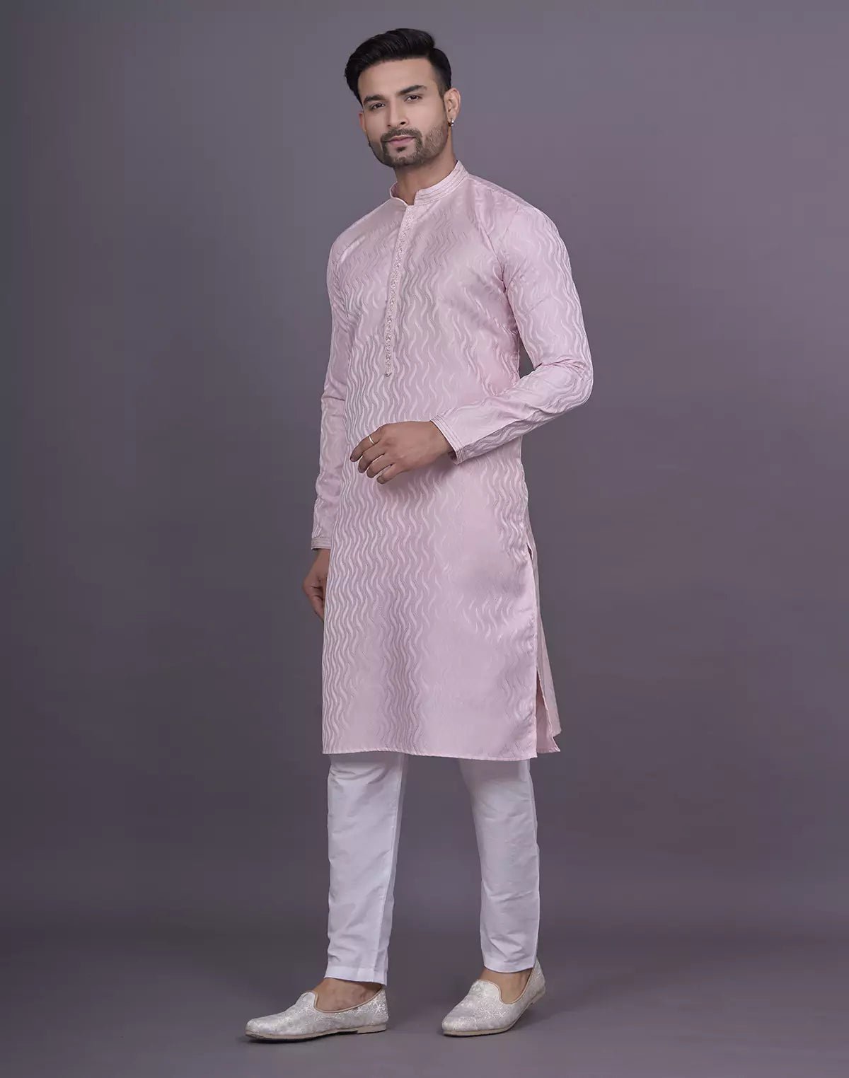Image of Pink All Over Self Highlighted Thread work Jacquard Kurta Pyjama Set - South India Shopping Mall
