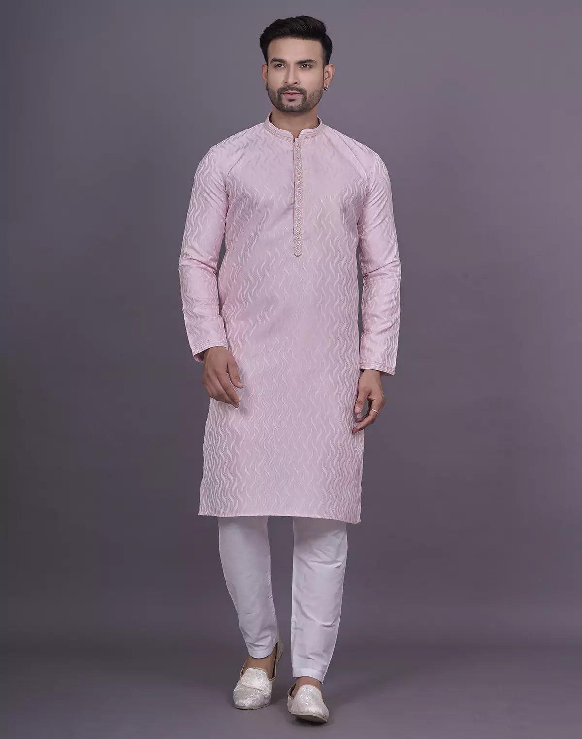 Image of Pink All Over Self Highlighted Thread work Jacquard Kurta Pyjama Set - South India Shopping Mall