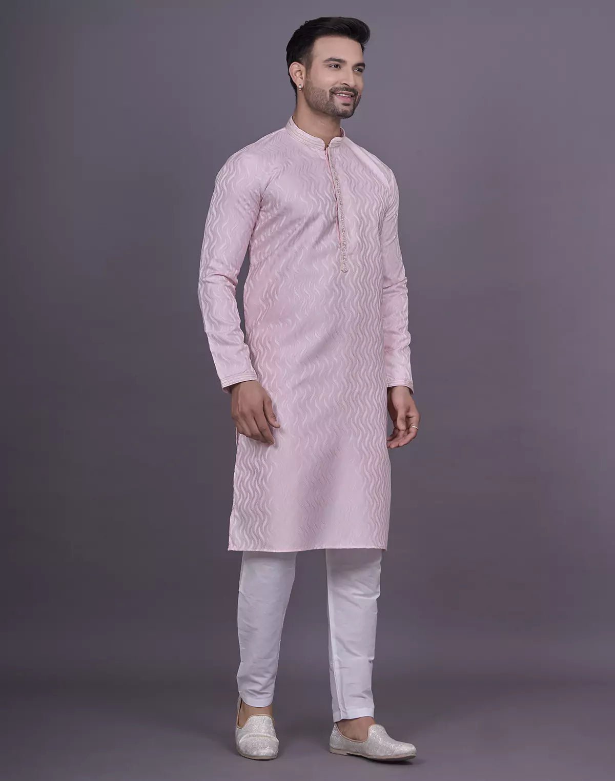 Image of Pink All Over Self Highlighted Thread work Jacquard Kurta Pyjama Set - South India Shopping Mall