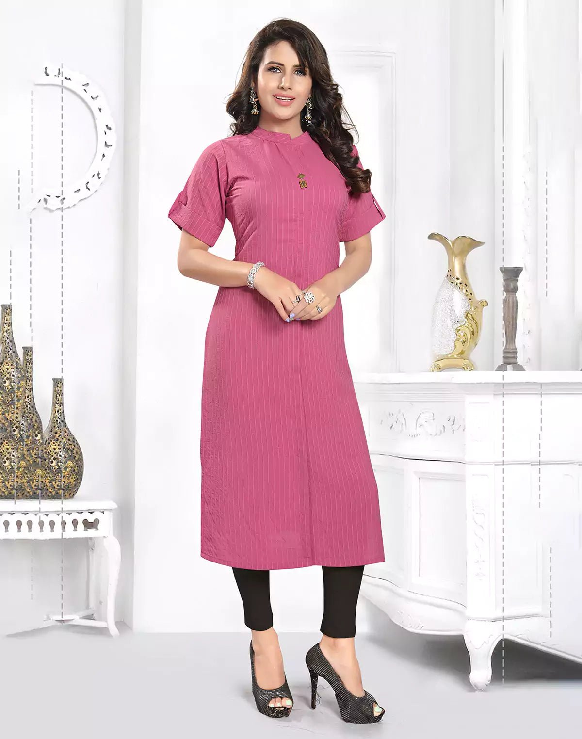 Image of Pink Casual Wear Cotton Silk Kurti - South India Shopping Mall