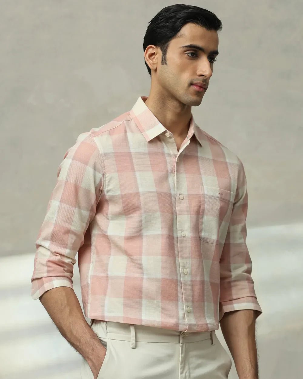 Image of Pink Checks Full Sleeve Ccasual Cotton Shirt - South India Shopping Mall
