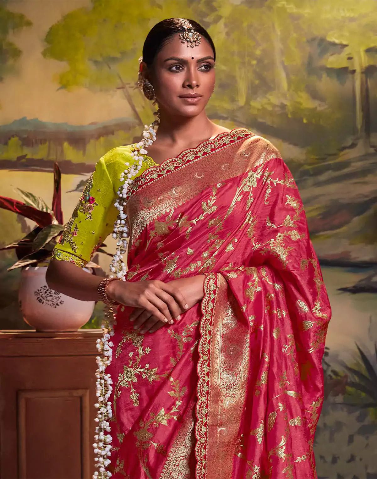 Image of Pink Color Pure Dola Silk Saree With Contrast Designerwork Blouse - South India Shopping Mall