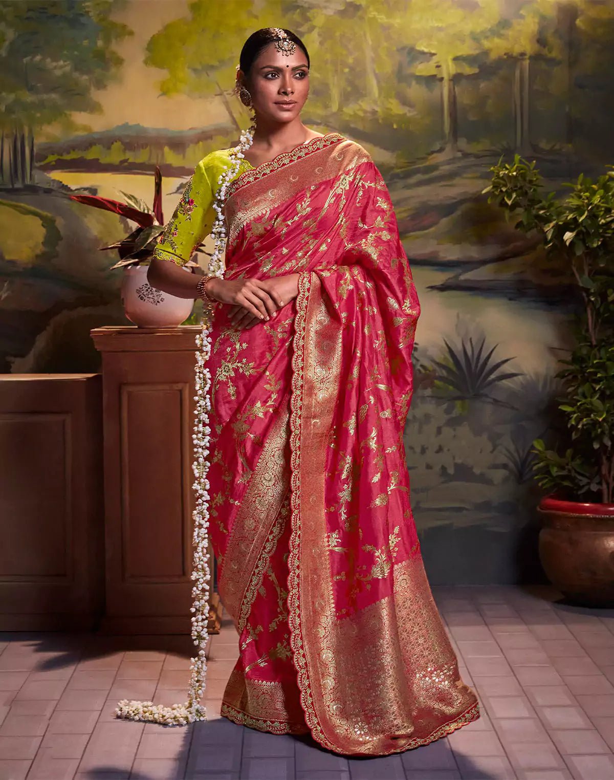 Image of Pink Color Pure Dola Silk Saree With Contrast Designerwork Blouse - South India Shopping Mall