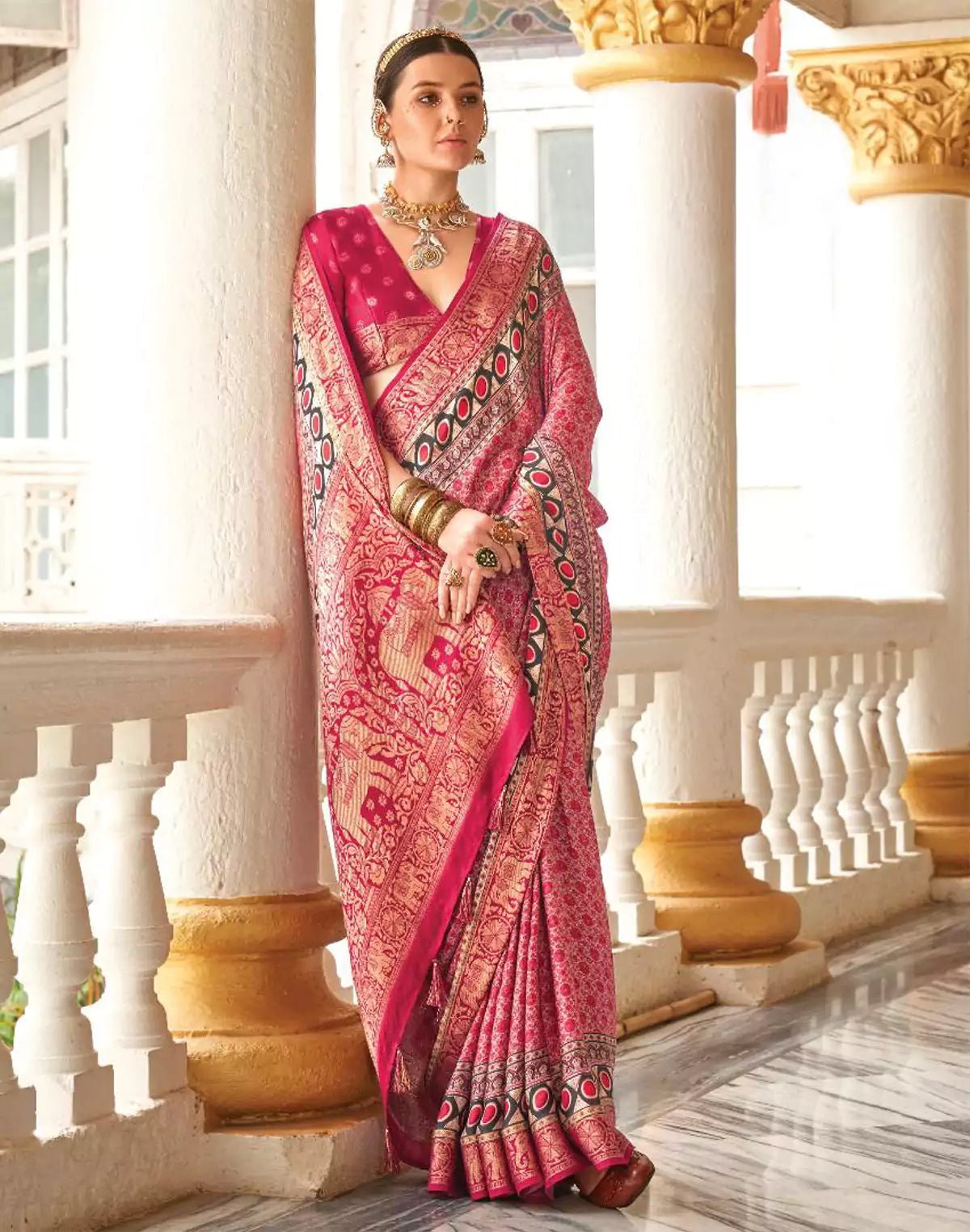 Image of Pink Coloured All Over Floral Print Soft Georgette Saree - South India Shopping Mall