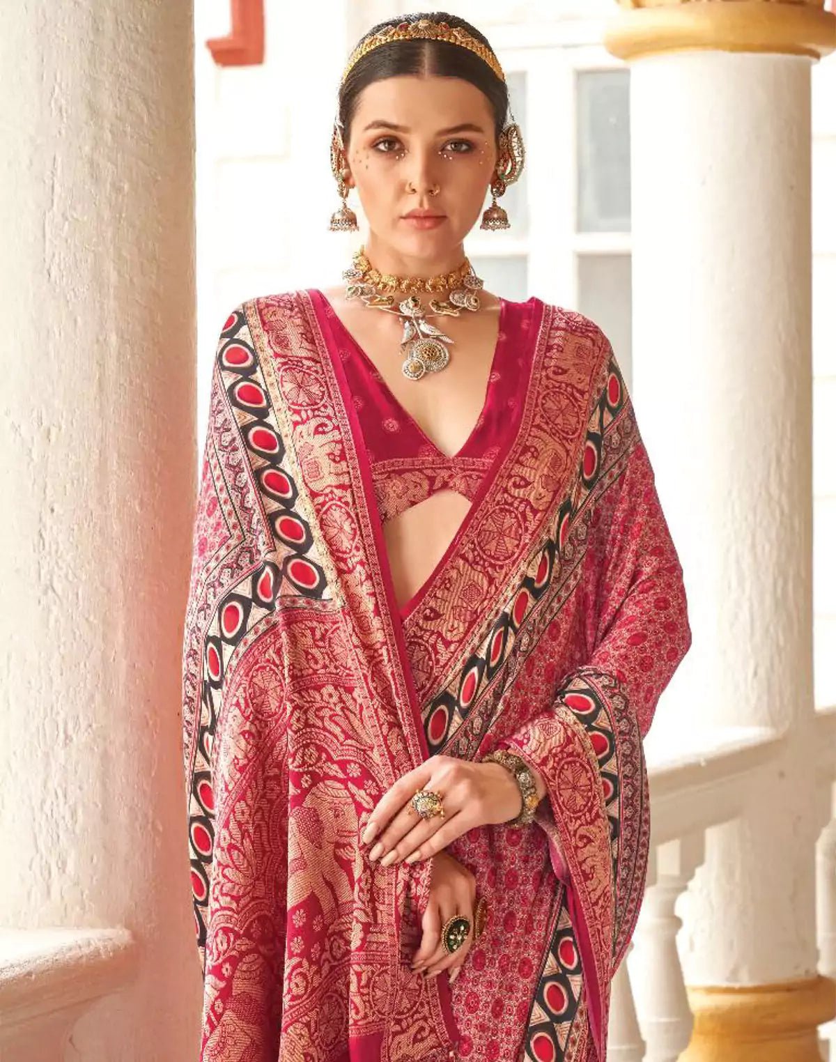 Image of Pink Coloured All Over Floral Print Soft Georgette Saree - South India Shopping Mall