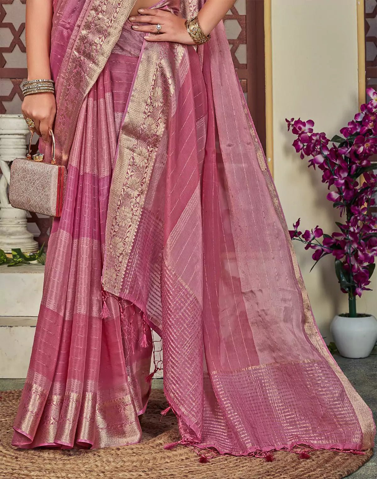 Image of Pink Coloured Chiffon Saree With Embroidery Work Blouse - South India Shopping Mall