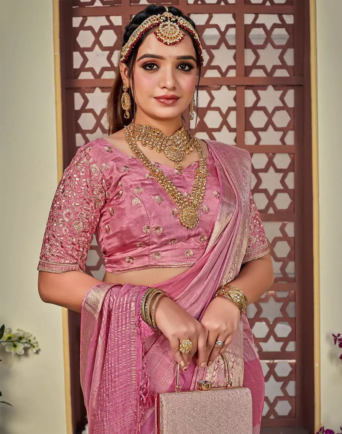 Image of Pink Coloured Chiffon Saree With Embroidery Work Blouse - South India Shopping Mall