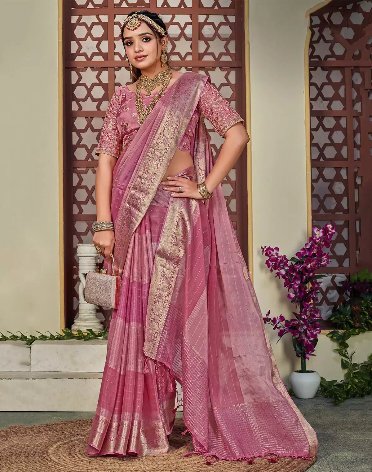 Image of Pink Coloured Chiffon Saree With Embroidery Work Blouse - South India Shopping Mall