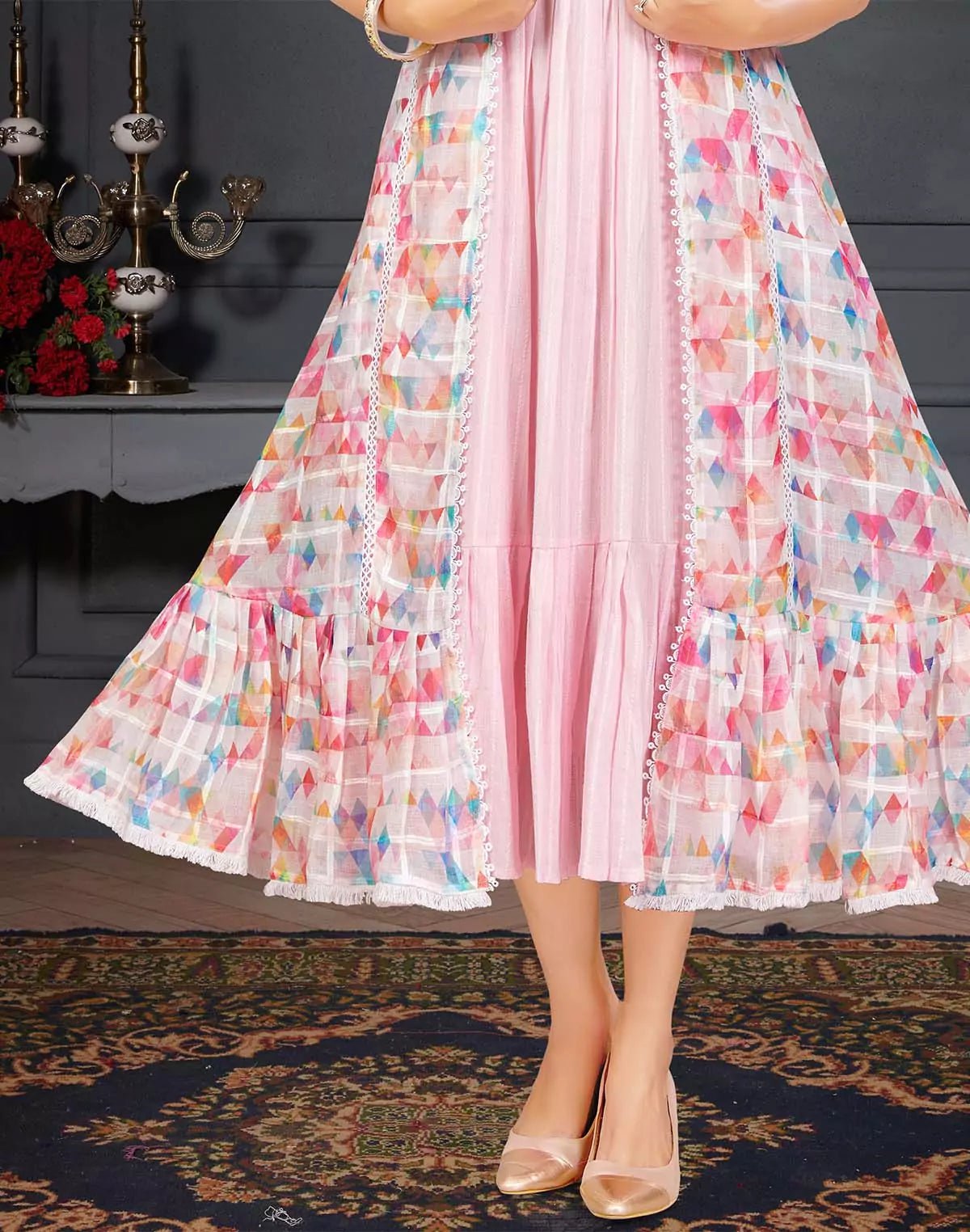 Image of Pink Coloured Cotton Silk Graphic Print Kurti with Shrug - South India Shopping Mall