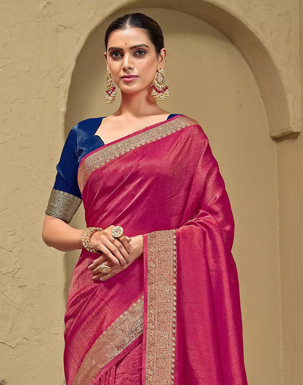 Image of Pink Coloured Plain Raw Silk Saree - South India Shopping Mall