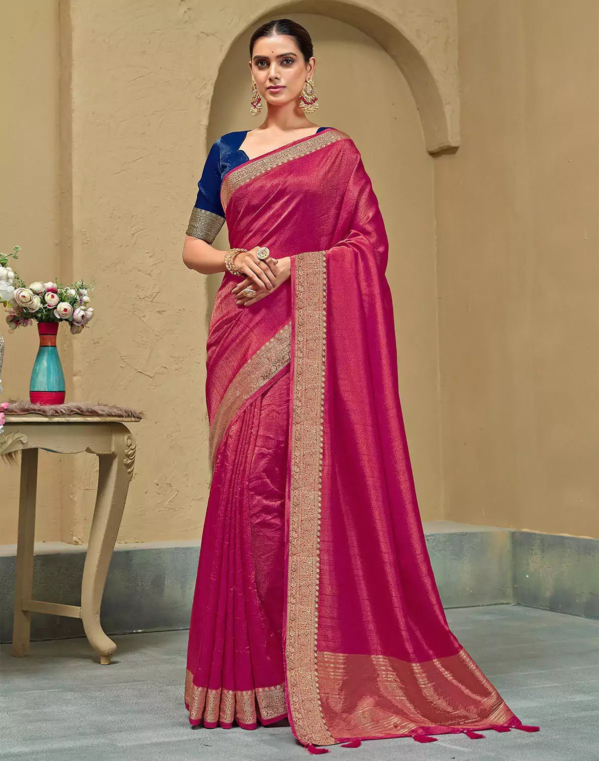 Image of Pink Coloured Plain Raw Silk Saree - South India Shopping Mall