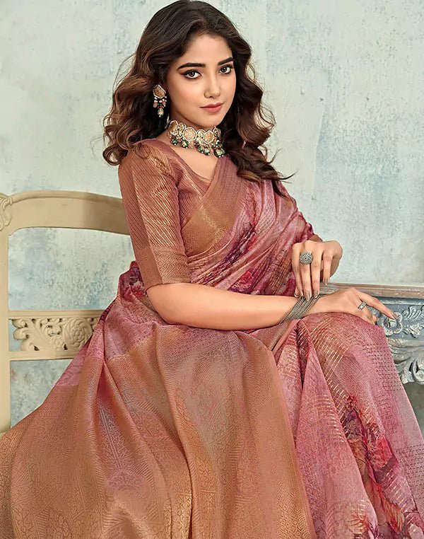Image of Pink Floral Digital Print Tissue Party Wear Saree - South India Shopping Mall