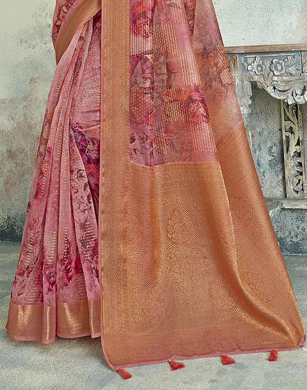 Image of Pink Floral Digital Print Tissue Party Wear Saree - South India Shopping Mall