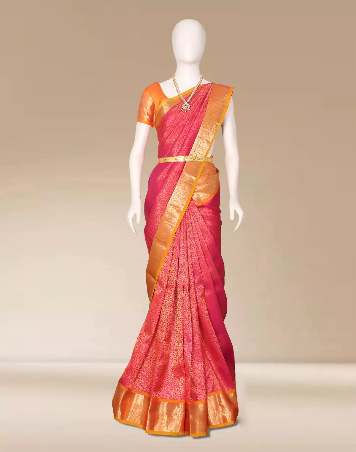 Image of Pink Floral Golden Zari Contrast Border Silk Saree - South India Shopping Mall
